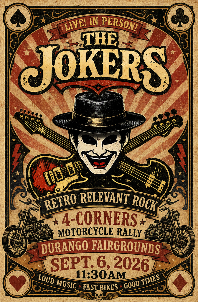 THE JOKERS - live at 4-Corners Motorcycle Rally THE JOKERS - live at 4-Corners Motorcycle Rally - Durango Fairgrounds - Sept.6, 2026 - 11:30am